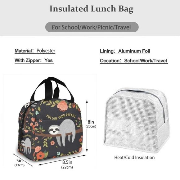 🔥3/$42 w FREE SHIPPING🔥  Lunch Bag Cooler Bag Sloths "Follow your dreams" - Picture 5 of 5